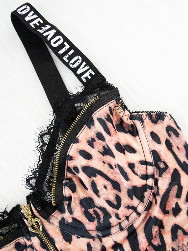Women's Leopard Print Letter Tape Underwear Set, Contrast Lace Zipper Push Up Bra & Thong Set, Lingerie Set for Ladies