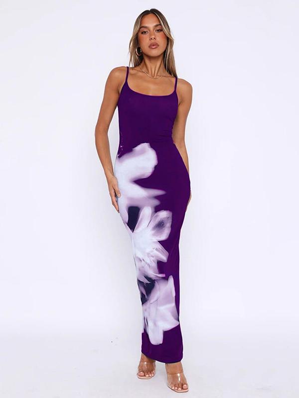 Women's Floral Print Backless Bodycon Cami Dress, Casual Sleeveless Long Dress for Summer, Fashion Women's Dress for Beach Holiday