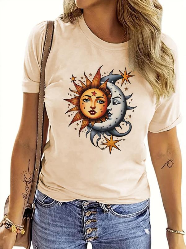 Women's Cartoon Sun & Moon Print Round Neck Graphic Tee, Trendy Casual Short Sleeve T-shirt for Daily Wear, Graphic Tees, Lady Summer Outfits 2024
