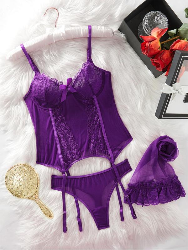 Women's Contrast Lace Sexy Teddy Lingerie Set, Romantic Bow Decor Bra & Thong & 1 Pair Stocking Set, Women's Lingerie & Underwear for All Seasons