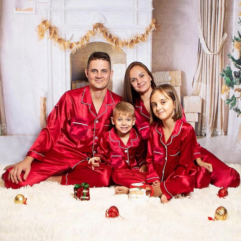 Silk Stain Family Pajamas Matching Sets 2025 Button Down Shirt and Pants Silky Xmas Pjs Pictures