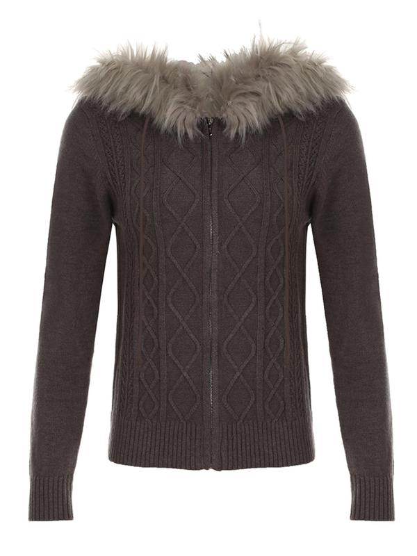 Women's Contrast Faux Fur Hooded Sweater Cardigan, Casual Long Sleeve Zip Up Jumper Cardigan for Fall & Winter, Fashion Ladies' Knit Clothing for Daily Wear