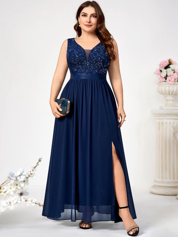 MISSMAY Women's Plus Size Womenswear Elegant Lace Contrast Sequin Deep V-Neck Sleeveless Floral Formal Evening Maxi Dress YP54225