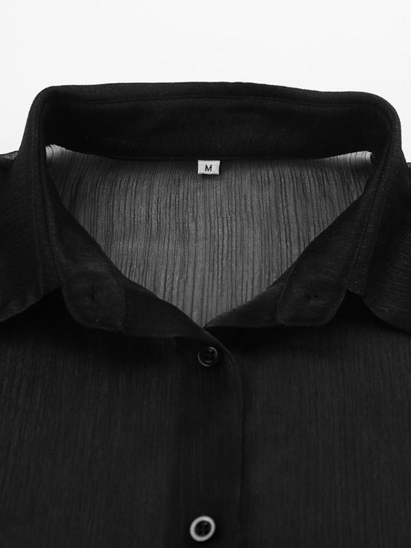 Women's Sheer Flounce Ruffle Trim  Sleeve Button Front Shirt, Elegant Long Sleeve Collared Top for Daily Wear, Ladies Clothes for All Seasons