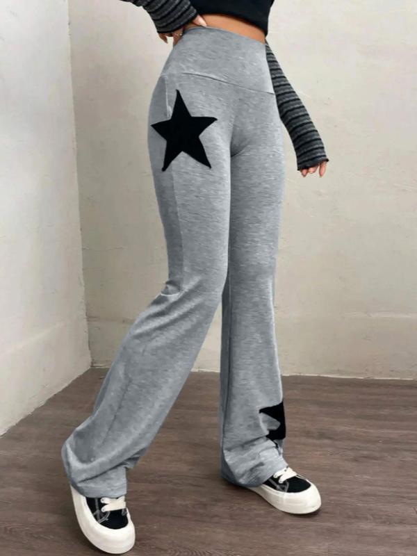 Plus Size Star Print High Waist Flare Leg Pants, Casual Comfy Tight-fitting Trousers for Daily Wear, Women's Plus Size Bottoms for All Seasons