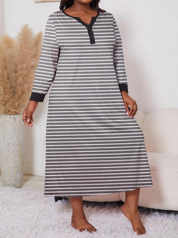  Striped Print Notched Neck Button Front Nightdress, Casual Long Sleeve Nightgown, Women's Sleepwear for Spring & Fall