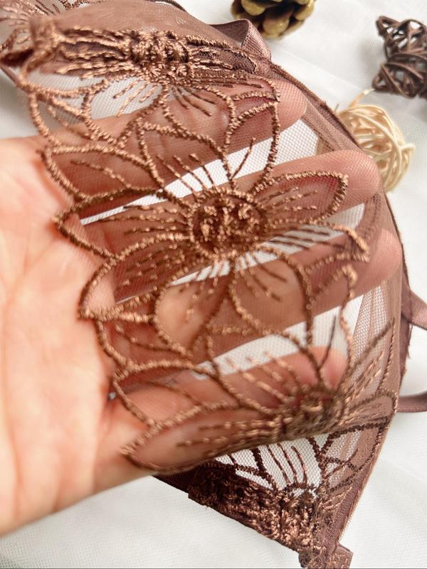 Women's Floral Embroidery Bra & Sheer Thong Two-piece Set, Adjustable Strap Underwire Bra & Panty Set, Lingerie Set for Women