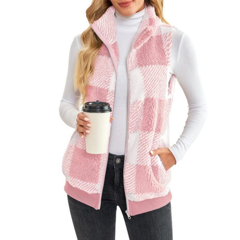 Plaid Comfortable Velvet Cardigan Vest Stand Collar Casual Sleeveless Women's Coat Womenswear Tops Soft Jackets