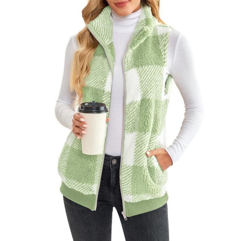 Plaid Comfortable Velvet Cardigan Vest Stand Collar Casual Sleeveless Women's Coat Womenswear Tops Soft Jackets