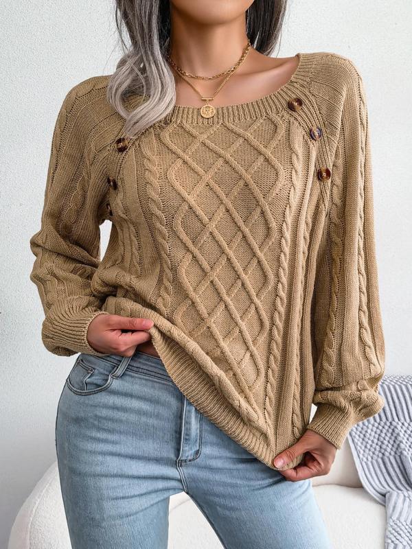 Women's Solid Textured Fake Buttons Raglan Sleeve Crewneck Sweater for Spring, Casual Round Neck Long Sleeves Knitting Jumper, Fall Clothes, Downtown Girl Clothes