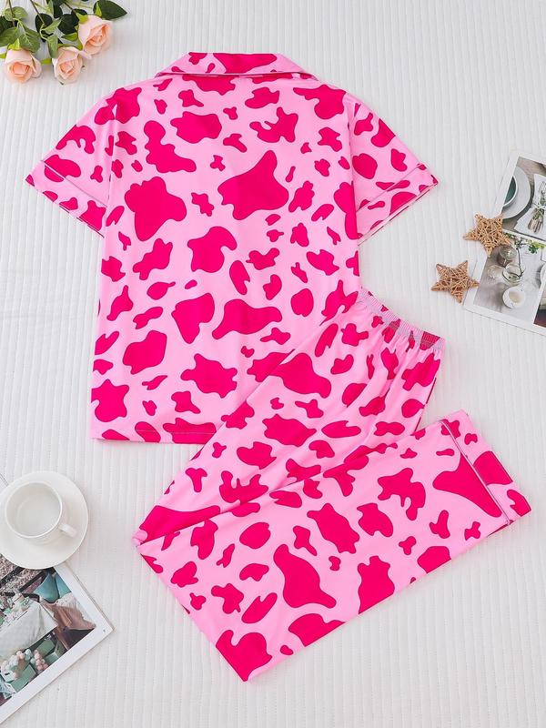 Women's All Over Cow Print Contrast Binding Lapel Shirt & Elastic Waist Pants Pyjama Two-piece Set, Fall Clothes, Casual Comfy Short Sleeve Pocket Button Up Top & Trousers Pj Set, Women's Sleepwear for Spring & Fall, Back To School Pj Set