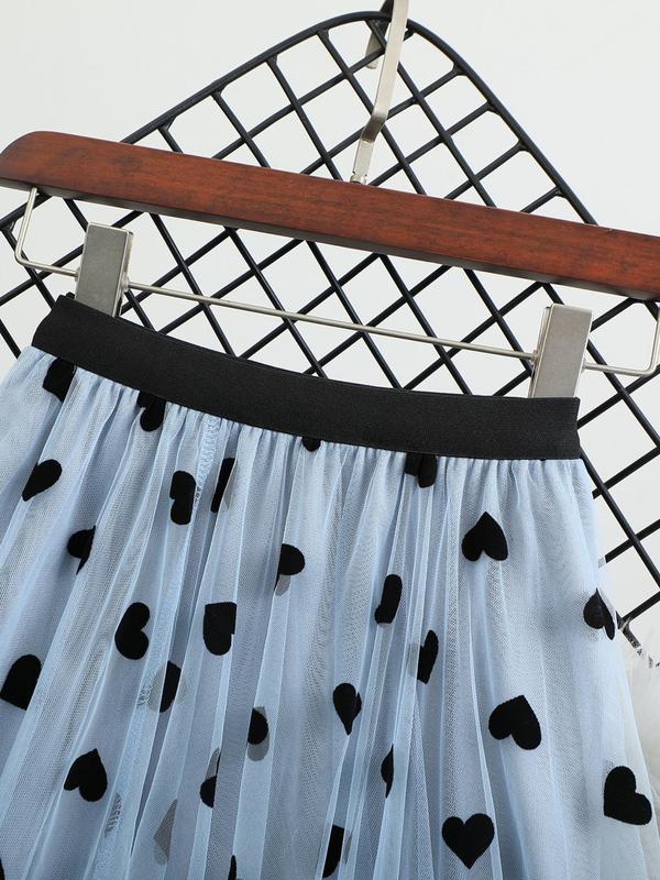 Women's All Over Heart Print Tulle Skirt, Fashion Casual Skirt for Daily Outdoor Wear, Ladies Bottoms for All Seasons