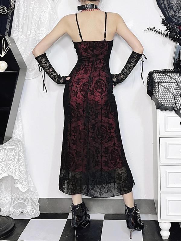 Women's Cross & Skull Print Contrast Lace Bow Decor Mermaid Dress, Elegant Adjustable Strap Cami Dress for Party Holiday Wedding Guest, Ladies Fall Clothes