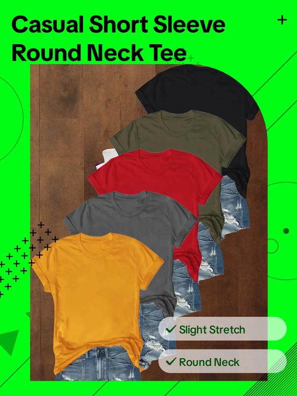 Women's Solid Round Neck Tee, Basic Short Sleeve T-shirt for Summer, T Shirts for Women, Casual Women's Top for Daily Wear
