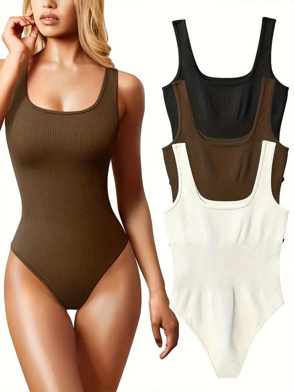 3 Pcs Solid Square Neck Sleeveless Shapewear Tank Bodysuit, Casual Ribbed Slim Fit Bodysuit, Women's Underwear