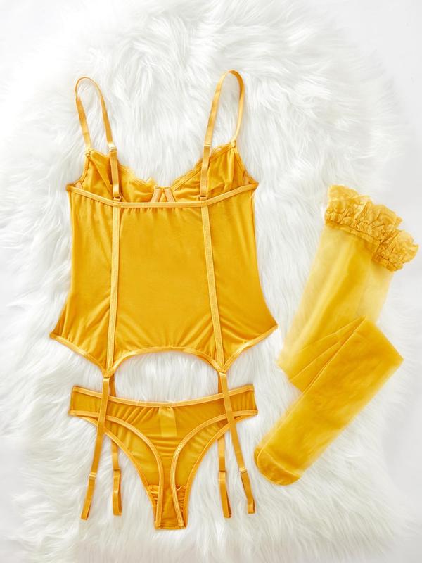 Women's Contrast Lace Sexy Teddy Lingerie Set, Romantic Bow Decor Bra & Thong & 1 Pair Stocking Set, Women's Lingerie & Underwear for All Seasons