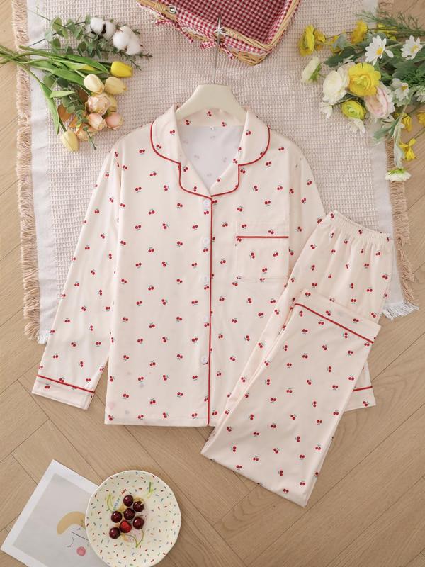 Two-piece Set Women's Heart  Strawberry Print Pajama Set, Casual Comfy Long Sleeve Lapel Collar Top & Pants Pj Set, Ladies Sleepwear for Spring & Fall