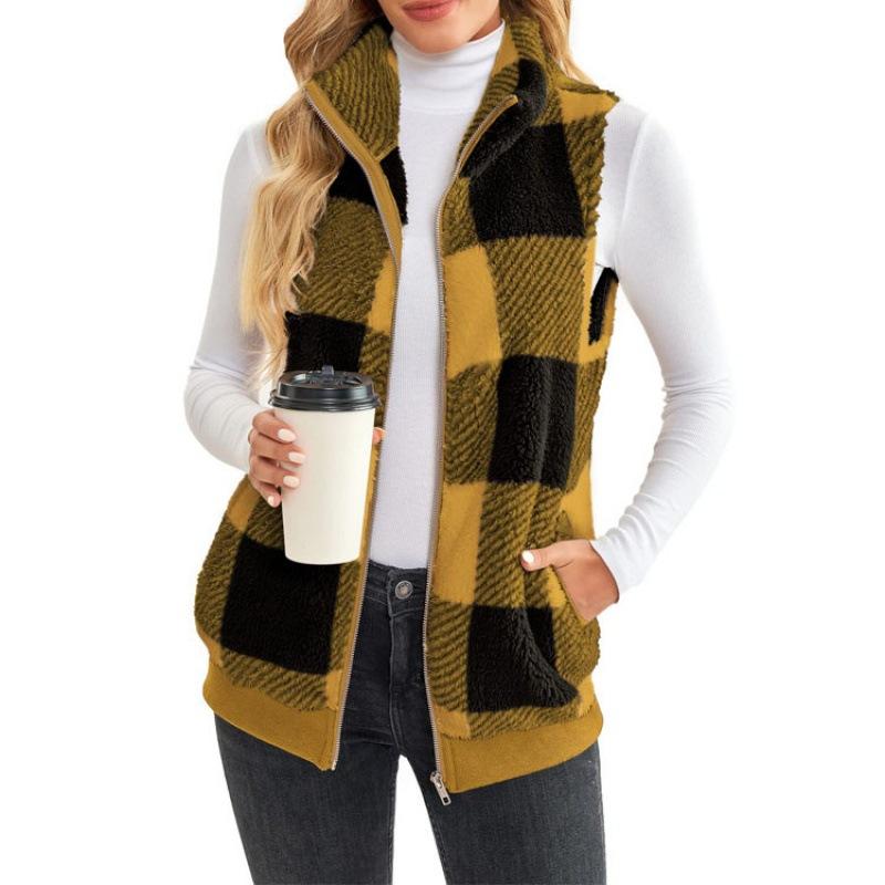 Plaid Comfortable Velvet Cardigan Vest Stand Collar Casual Sleeveless Women's Coat Womenswear Tops Soft Jackets