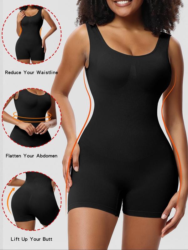 Women's Solid Scoop Neck Shapewear Romper, Fall Wear, Earthtone Fallfreshness, Summer Clothes Women, High Stretch Seamless Sleeveless Shapewear Bodysuit, Ladies Shapewear Clothes, Summer Wear 2024, Rompers for Summer, Fall Wear, Fallfreshness