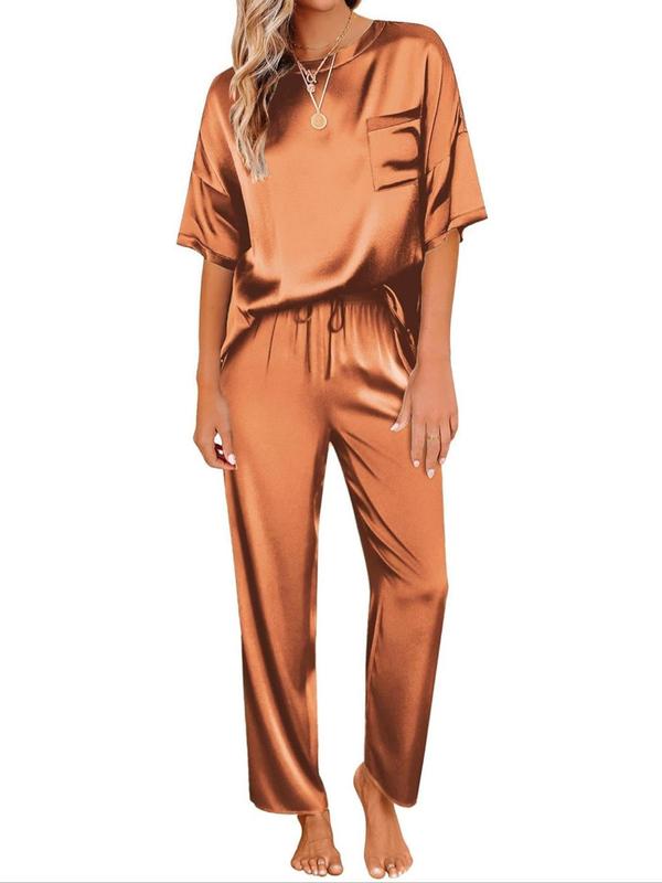 Women's Solid Drop Shoulder Tee & Pocket Pants Pyjama Two-piece Set, Casual Comfy Short Sleeve Top & Drawstring Waist Pants PJ Set, Ladies Summer Sleepwear