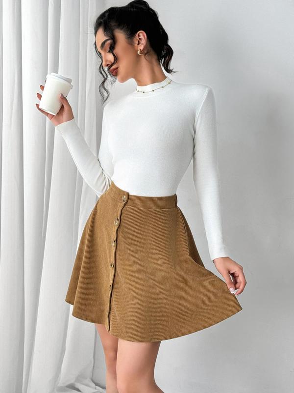 Women's Solid Button Front Corduroy Skirt, Elegant Fashion Casual High Waist A Line Skirt for Daily Outdoor Wear, Women Bottoms for Fall & Winter