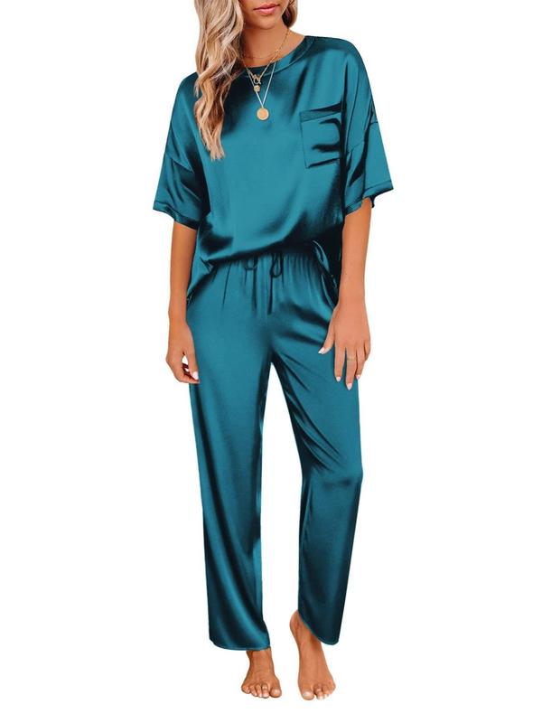 Women's Solid Drop Shoulder Tee & Pocket Pants Pyjama Two-piece Set, Casual Comfy Short Sleeve Top & Drawstring Waist Pants PJ Set, Ladies Summer Sleepwear