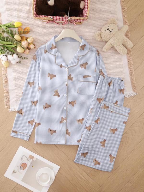 Two-piece Set Women's Heart  Strawberry Print Pajama Set, Casual Comfy Long Sleeve Lapel Collar Top & Pants Pj Set, Ladies Sleepwear for Spring & Fall
