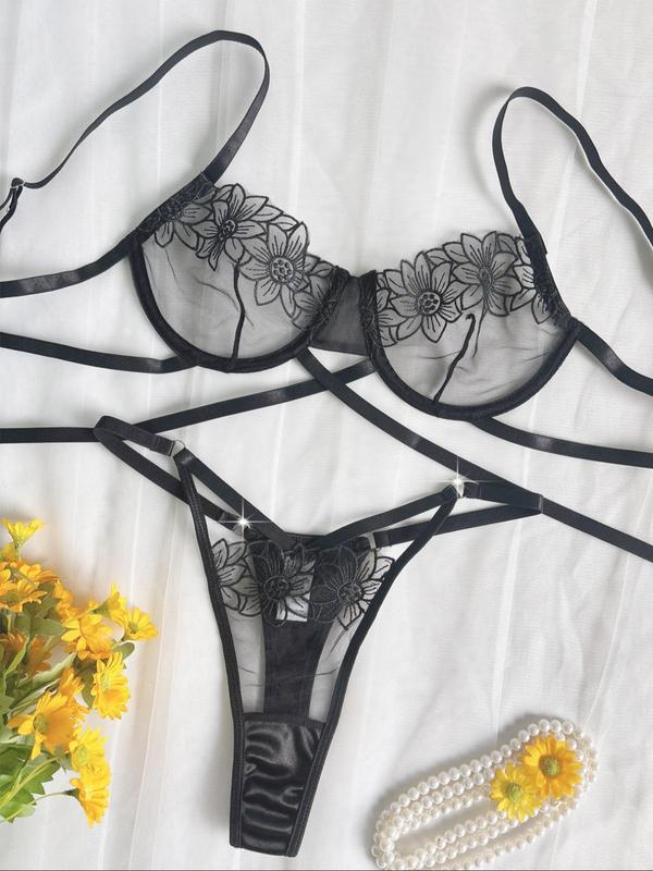 Women's Floral Embroidery Bra & Sheer Thong Two-piece Set, Adjustable Strap Underwire Bra & Panty Set, Lingerie Set for Women