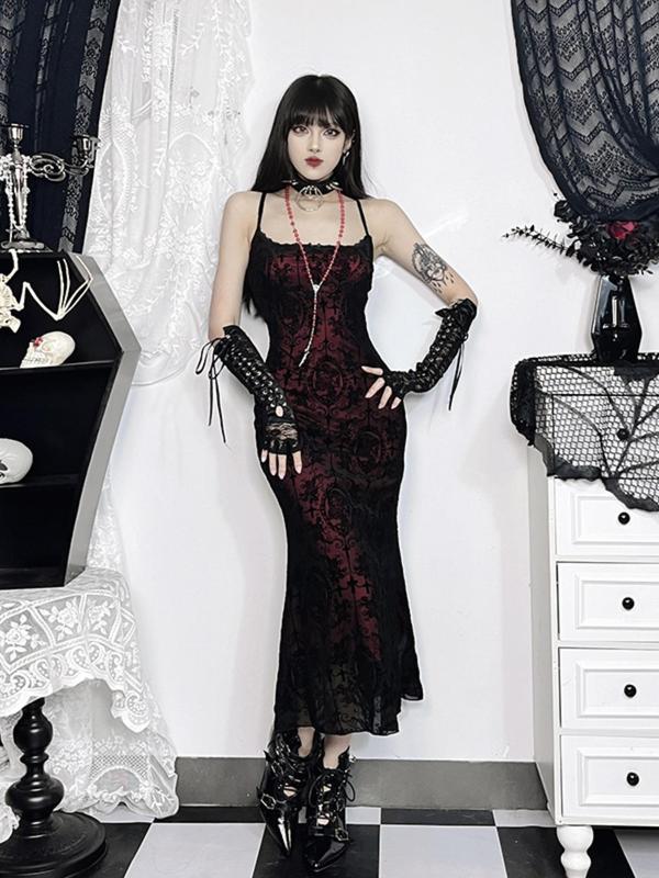 Women's Cross & Skull Print Contrast Lace Bow Decor Mermaid Dress, Elegant Adjustable Strap Cami Dress for Party Holiday Wedding Guest, Ladies Fall Clothes
