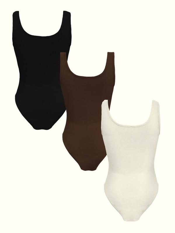 3 Pcs Solid Square Neck Sleeveless Shapewear Tank Bodysuit, Casual Ribbed Slim Fit Bodysuit, Women's Underwear