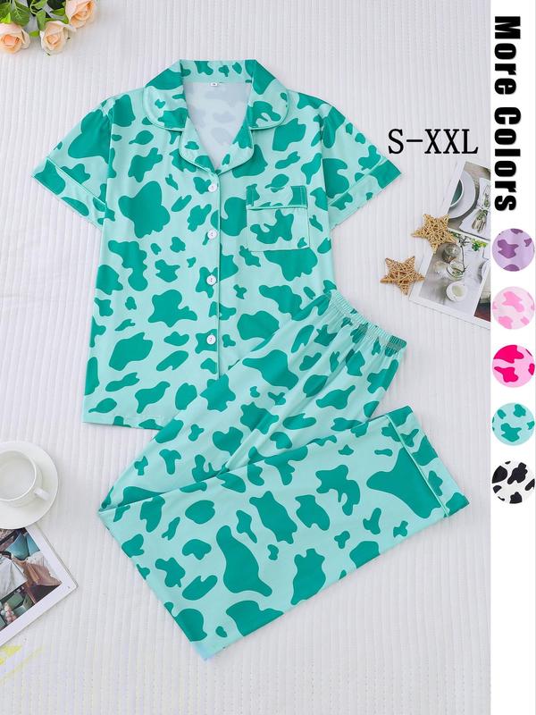 Women's All Over Cow Print Contrast Binding Lapel Shirt & Elastic Waist Pants Pyjama Two-piece Set, Fall Clothes, Casual Comfy Short Sleeve Pocket Button Up Top & Trousers Pj Set, Women's Sleepwear for Spring & Fall, Back To School Pj Set