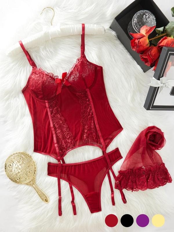 Women's Contrast Lace Sexy Teddy Lingerie Set, Romantic Bow Decor Bra & Thong & 1 Pair Stocking Set, Women's Lingerie & Underwear for All Seasons
