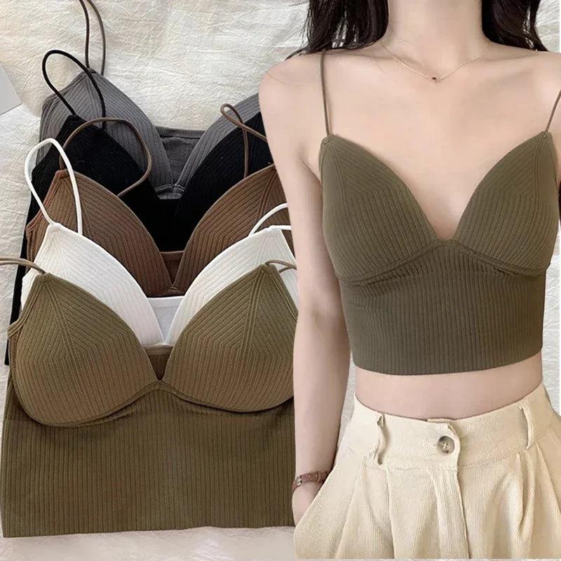 Knitted Binder Chest Woman Tops Spaghetti Strap Corset Crop Camis With Built in Bras Korean Fashion Woman Vest Camisole Underwear Womenswear Breathable Comfort Comfortable Minimalist