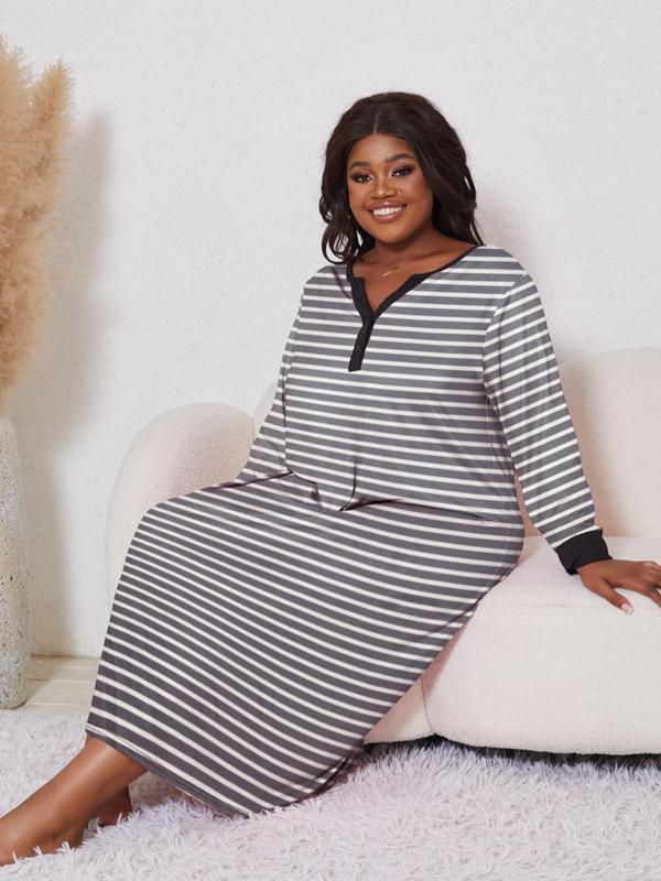  Striped Print Notched Neck Button Front Nightdress, Casual Long Sleeve Nightgown, Women's Sleepwear for Spring & Fall