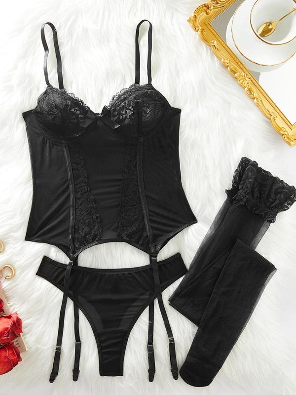 Women's Contrast Lace Sexy Teddy Lingerie Set, Romantic Bow Decor Bra & Thong & 1 Pair Stocking Set, Women's Lingerie & Underwear for All Seasons