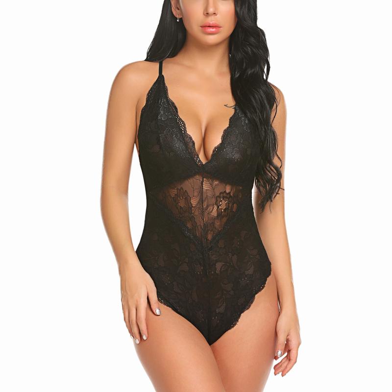 Avidlove Womenswear Women Snap Crotch Lingerie Lace Bodysuit  V One Piece Lace