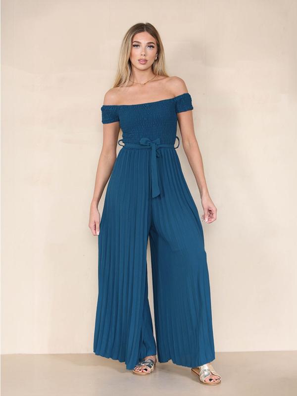 Women's Off The Shoulder Belted Pleated Wide Leg Jumpsuit, Casual Short Sleeve Shirred Jumpsuit for Summer, Ladies Clothes for Beach Holiday Vacation