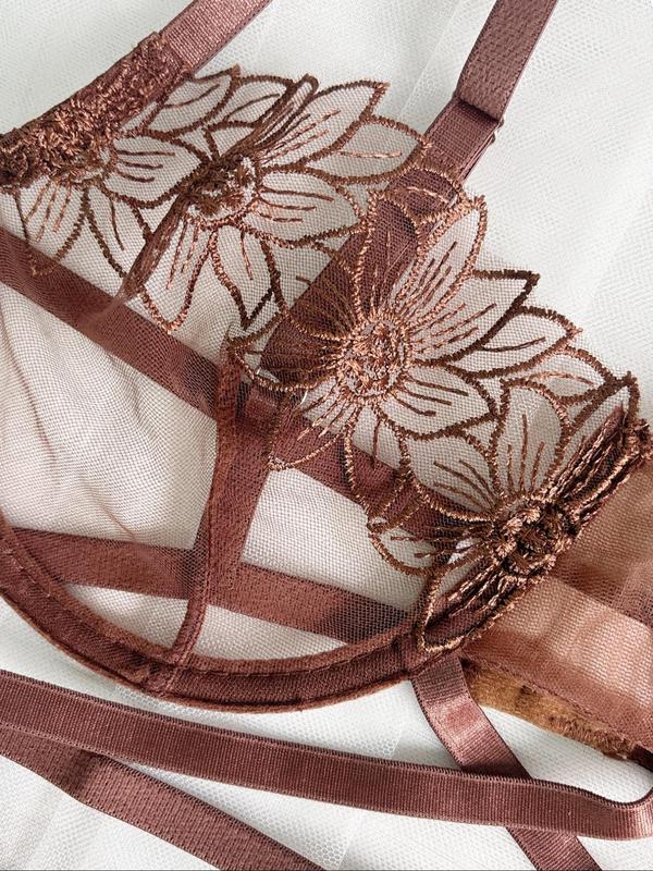 Women's Floral Embroidery Bra & Sheer Thong Two-piece Set, Adjustable Strap Underwire Bra & Panty Set, Lingerie Set for Women