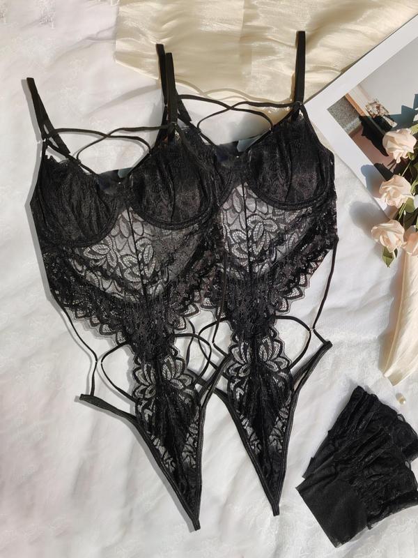 Women's Contrast Lace Sheer Lingerie Set, Sexy Lace Up Criss Cross Backless Cami Bodysuit & Thong One-piece & Stockings Set, Women's Lingerie & Underwear Set for All Seasons