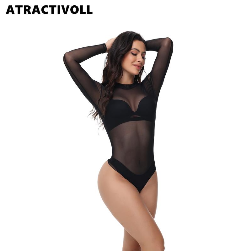 ATRACTIVOLL 1 2PCS Women's Fashion Yoga Wear，Half High Neck Bodysuit,Mesh Long Sleeve Bodysuit Indoor Yoga Wear,Tops Lady women  bodysuits mesh top long sleeve