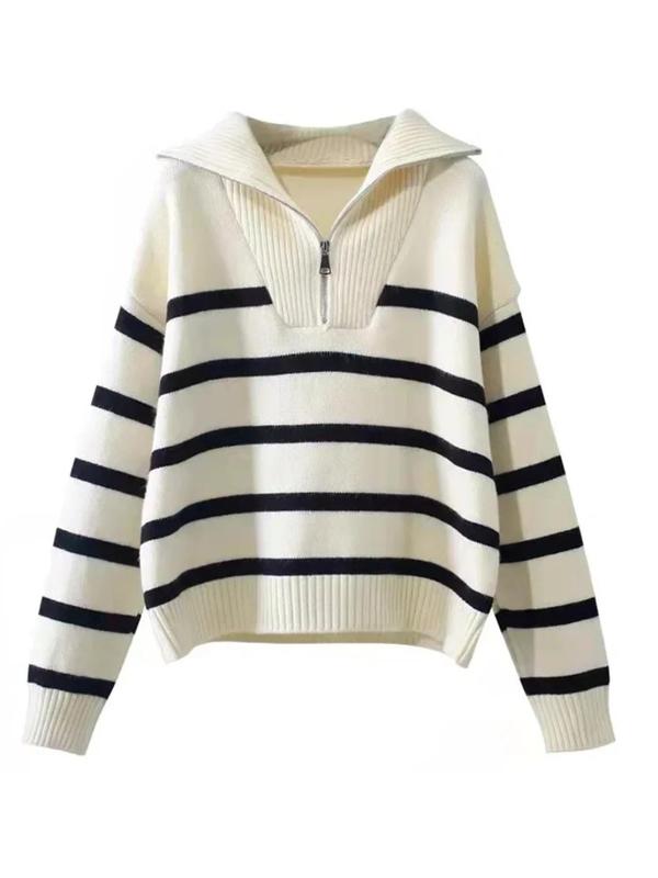 Women's Striped Print Half Zip Drop Shoulder Sweater, Casual Long Sleeve Jumper for Fall & Winter, Fashion Ladies' Knitwear for Daily Wear