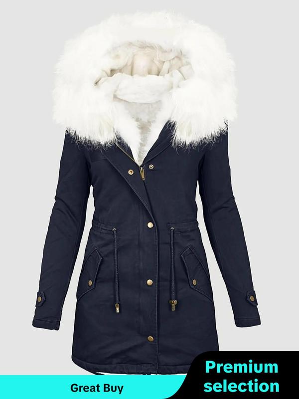 Women's Contrast Faux Fur Trim Drawstring Button Front Quilted Hooded Coat , Casual Long Sleeve Pocket Zipper Outerwear for Fall & Winter, Women's Clothing for Daily Wear