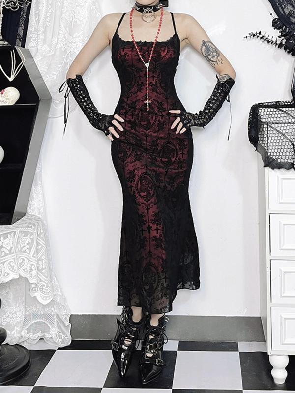 Women's Cross & Skull Print Contrast Lace Bow Decor Mermaid Dress, Elegant Adjustable Strap Cami Dress for Party Holiday Wedding Guest, Ladies Fall Clothes