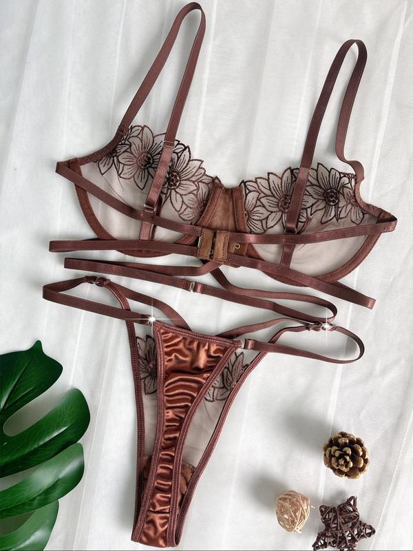 Women's Floral Embroidery Bra & Sheer Thong Two-piece Set, Adjustable Strap Underwire Bra & Panty Set, Lingerie Set for Women