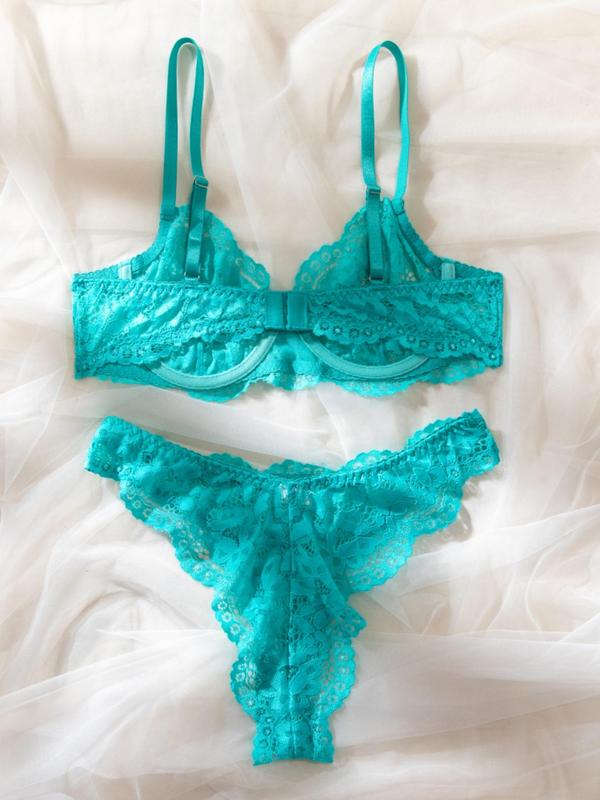 Two-Piece Set Women's Floral Lace Scallop Trim Panty Set, Adjustable Strap Underwire Bra & Knicker, Soft Comfy Breathable Underwear Set for Daily Wear