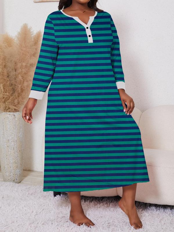  Striped Print Notched Neck Button Front Nightdress, Casual Long Sleeve Nightgown, Women's Sleepwear for Spring & Fall