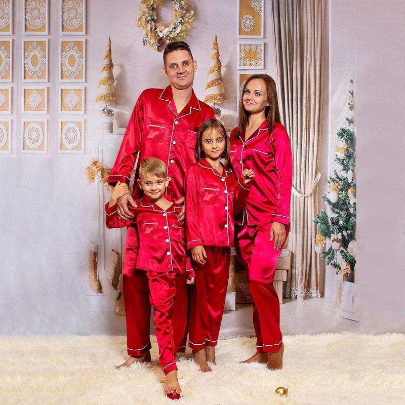 Silk Stain Family Pajamas Matching Sets 2025 Button Down Shirt and Pants Silky Xmas Pjs Pictures