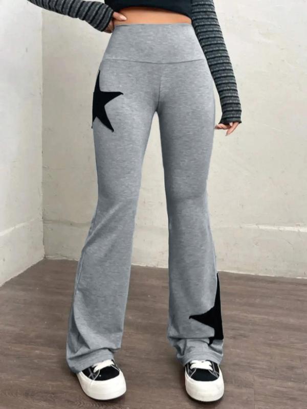 Plus Size Star Print High Waist Flare Leg Pants, Casual Comfy Tight-fitting Trousers for Daily Wear, Women's Plus Size Bottoms for All Seasons