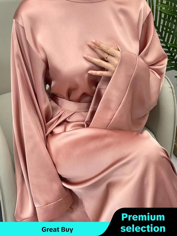 Women's Solid Belted Flounce Sleeve Dress, Elegant Long Sleeve Round Neck Long Dress for Party Holiday Wedding Guest, Ladies Clothes for All Seasons, Fall Clothing Women Longsleeves
