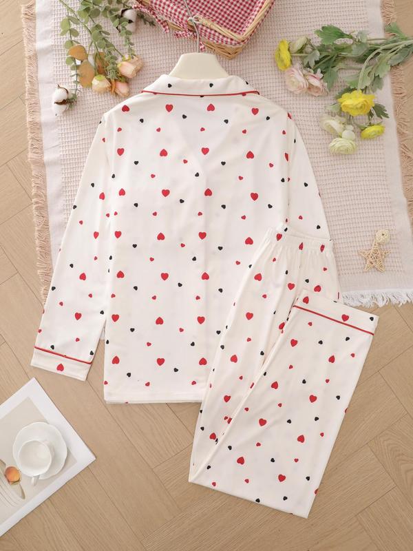 Two-piece Set Women's Heart  Strawberry Print Pajama Set, Casual Comfy Long Sleeve Lapel Collar Top & Pants Pj Set, Ladies Sleepwear for Spring & Fall